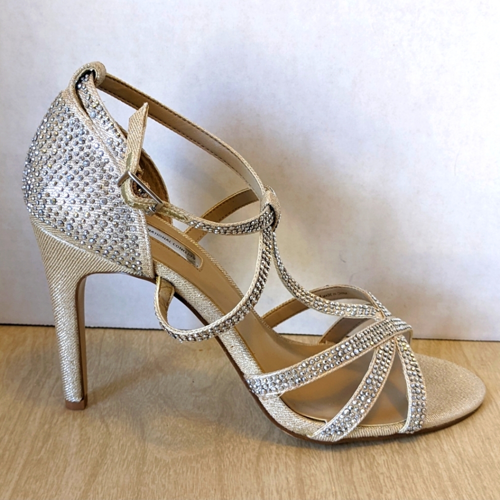 INC International Concepts Reggi Champagne Gold Crystals Strappy Heels 8.5